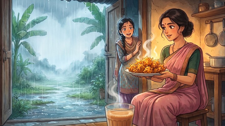 Rainy Day Pakoras & Masala Chai 🌧️ | Cozy 1990s Indian Village Life Anime ASMR