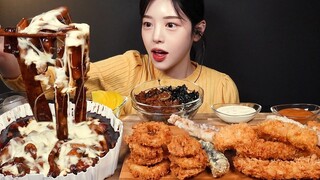 SUB)엽떡 신메뉴 짜장떡볶이 먹방! 오징어튀김 새우튀김 치즈튀김에 오돌뼈밥까지 꿀조합 리얼사운드 Jjajang Tteokbokki Mukbang Asmr