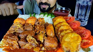 SPICY MUTTON CURRY, EGG CURRY, POTATO, BEGUNI, TOMATO, SPICY GRAVY, RICE & CHILI ASMR MUKBANG EATING