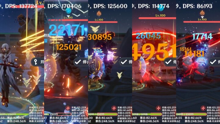 DPS Comparison of Five Team Compositions for the 2-Star Servant (Pure Pyro / Single Vaporization / S
