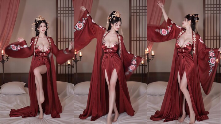 Dancing beneath the willows, the moon hovers over the pavilion; crimson robes blaze like fire, stirr
