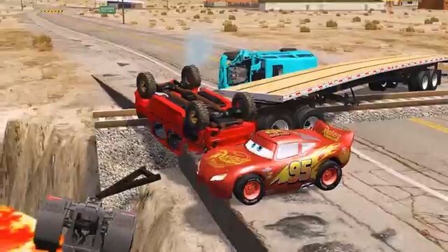 Flatbed Truck Mcqueen  _ Transportation with Truck - Pothole vs Car _572 - BeamN