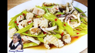 ปลาหมึกผัดพริกหยวก : Stir Fry Squid with Thai Bell Pepper l Sunny Thai Food