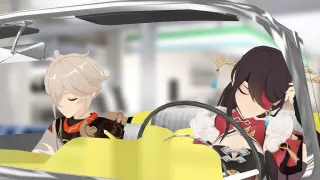 Kazuha teaches Beidou how to drive a car