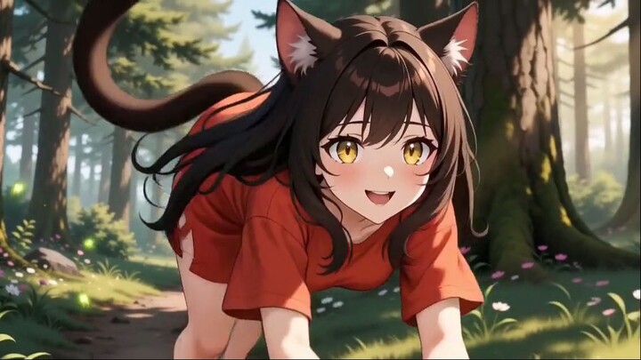 Сгенерированная кошкодевочка радостно спешит Ai-generated cat‑girl is joyfully rushing about