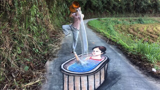 Hand painting|Draw a young lady taking a bath on the road