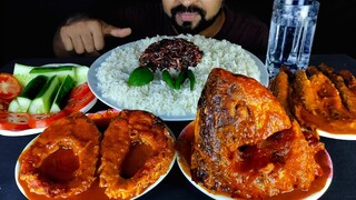 ROHU FISH HEAD CURRY, ROHU FISH BHUNA, CATFISH CURRY, RED SPINACH, RICE, SALAD ASMR MUKBANG EATING |