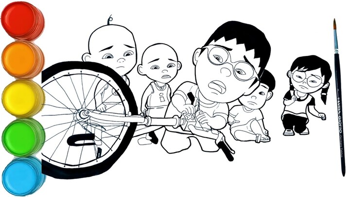 Menggambar dan Mewarnai Sepeda Ehsan rusak tertabrak Mail | Upin & Ipin kreatif anak