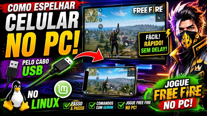 COMO ESPELHAR O CELULAR NO PC PELO CABO USB NO LINUX! 🔥 JOGUE FREE FIRE NO PC FÁCIL E RÁPIDO