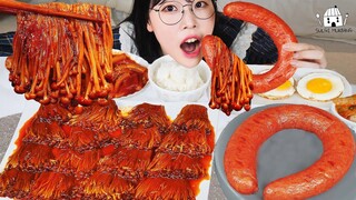 ASMR MUKBANG| 직접 만든 핵불닭 버섯 & 소세지 떡볶이 양념치킨 먹방 & 레시피 FRIED CHICKEN AND Tteokbokki EATING