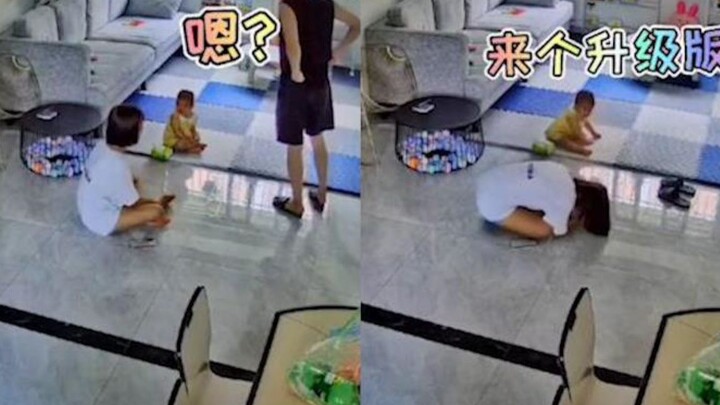 When post-90s parents start parenting! The baby sits on the floor and cries loudly, then mom does so