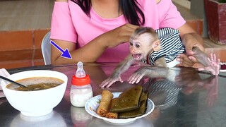 Adorable baby Maki Very Hungry When him get up late eat for his breakfast With Mom