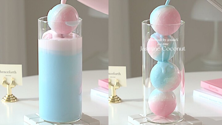 Drink | Cherry Blossom Pink & Blue Coconut Milk 🌸 Sweet Girl-Style Milk Tea 💗 So Milky and Fluffy