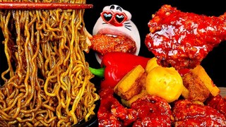 [Real Mouth] Mỳ đen ăn cùng tôm tẩm bột phô mai và gà rán siêu cay #asmr #mukbang