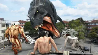 Attack on titan Eren, reiner , annie and pieck vs Dinosaur Tyrannosaurus Rex