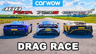 Ferrari 488 Pista vs McLaren 720S  vs Lamborghini Aventador SV: DRAG RACE!