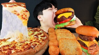 MUKBANG ASMR 치즈 피자 & 스테이크 햄버거 & 해쉬브라운 감자 치즈볼 STEAK BUGGER & HASH BROWNS EATING SOUND!