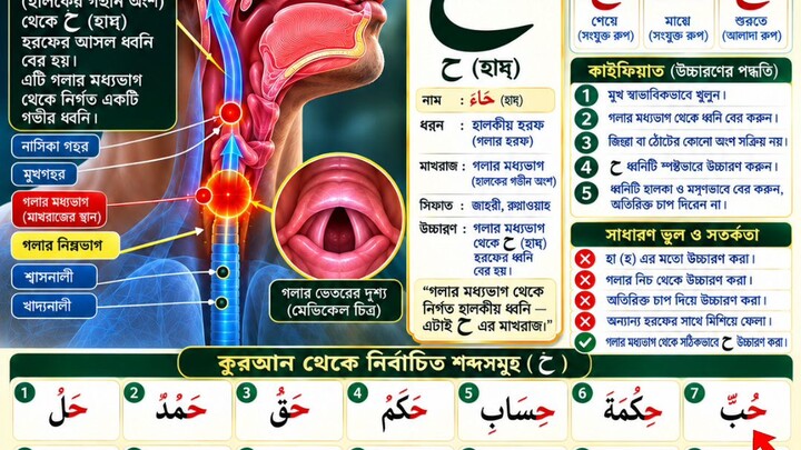 ح হরফের মাখরাজ চিত্রসহ কাইফিয়াত