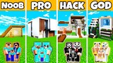 Minecraft Battle: Family Pretty Modern House Build Challenge - Noob vs Pro vs Hacker vs God