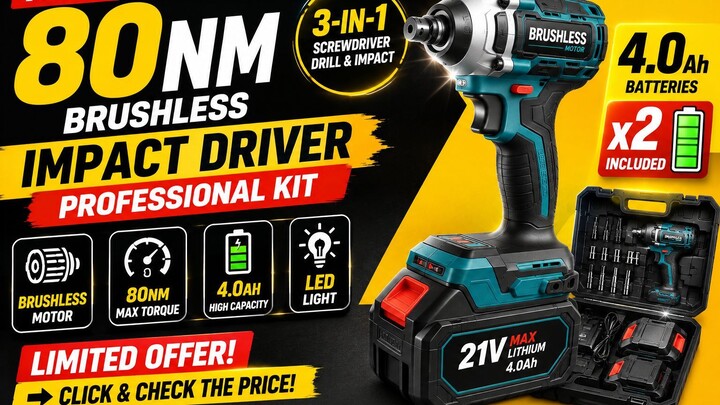 80NM POWER! 3-in-1 Brushless Impact Driver | 21V + 2× 4.0Ah Batteries