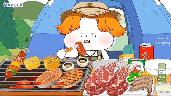 【foomuk动画】露营吃播！烤三文鱼、烤虾、烤羊肉