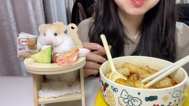Eating rice noodles with the little mouse, Xiao Haozi