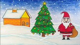 Menggambar tema hari natal || Menggambar pohon natal || Menggambar pemandangan malam natal