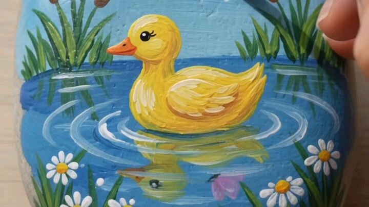 Watch a plain stone transform into a beautiful hand-painted pond scene! 🪨🎨✨