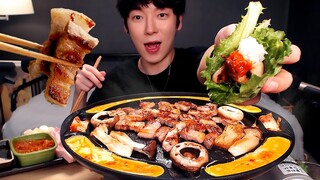 SUB) 통 삼겹살 먹방 쌈 싸먹고 버섯 구워 먹고! 집밥먹방 리얼사운드 pork belly Mukbang samgyeopsal thịt ba chỉ.  [SIO ASMR 시오]