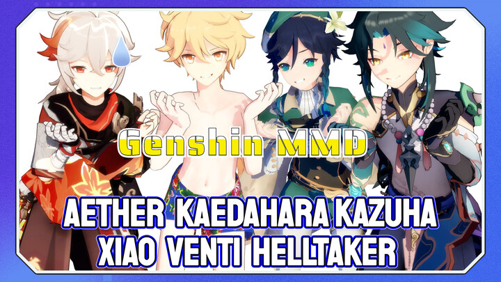 [Genshin, MMD] Aether, Kaedahara Kazuha, Xiao, Venti "helltaker"