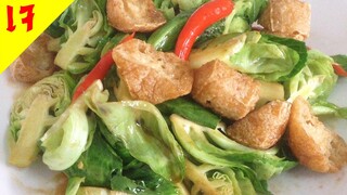 อาหารเจ แขนงเต้าหู้กรอบ Stir fried baby cabbage with bunch fried tofu