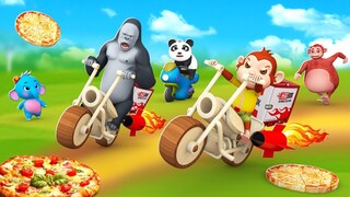 Monkey's Wooden Bike Fast Food Delivery in Forest - Gorilla, Elephant, Panda | Funny Animals 3D
