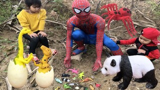 Spider-Man Membersihkan Telur Dinosaurus, Panda, Jerapah, Kuda, Gajah, Kadal