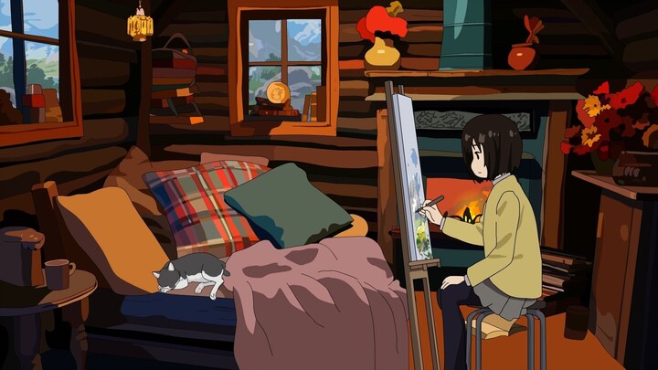 [Painting in a cabin on the mountainside] 45-minute sedentary reminder // gentle fireplace sound / r