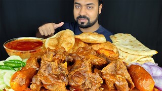 HUGE SPICY MUTTON CURRY, GRAVY, LUCHI/ PURI, NAAN, SALAD, CHILI, ONION ASMR MUKBANG EATING SHOW ||