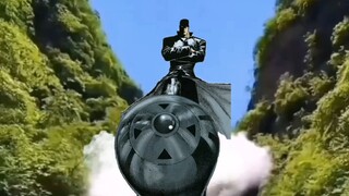The white-haired man is riding a nuclear bomb to your house