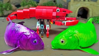 Koi Merah Muda, Pelangi Stop Motion Memasak ASMR Kepiting Lucu Lego Menangkap Mancing Udang Galah