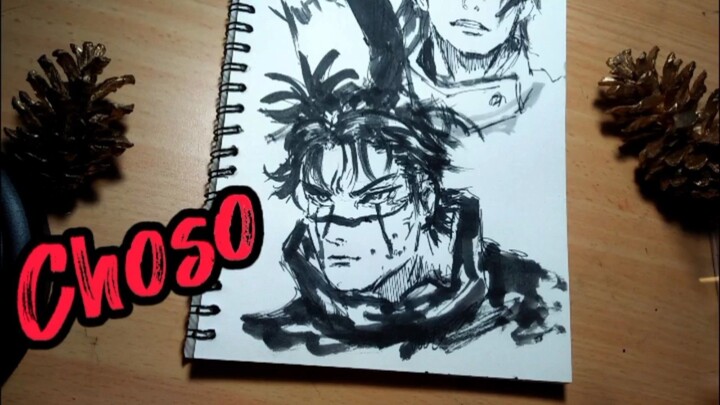 gambar karakter dari Jujutsu Kaisen dengan pulpen dan tinta