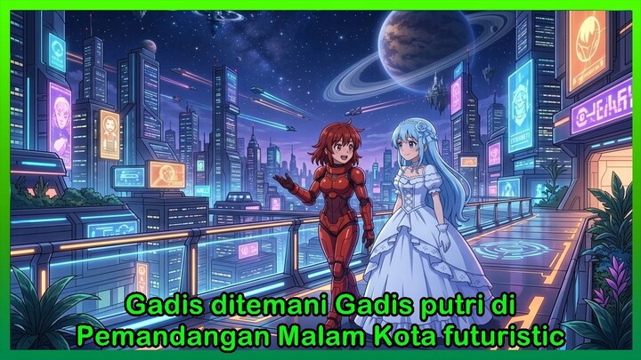 Gadis Satelit #2 - Gadis ditemani Gadis putri di Pemandangan Malam Kota futuristic