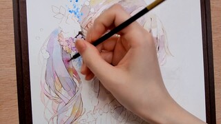 Watercolor painting｜Analog illustration making｜Relaxing sounds of water and ice｜Transparent watercol