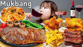 🥩직접만든 방구석 '아웃백 풀코스'에 와인🍷 투움바파스타,한우채끝스테이크,백립,샘플러😎 STEAK PASTA MUKBANG ASMR EATINGSHOW REALSOUND 요리