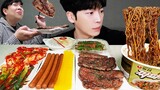 ASMR MUKBANG | 직접 만든 짜파게티, 소고기 & 파김치, 오이고추 김치 먹방 | KIMCHI RECIPE KOREAN HOME FOOD