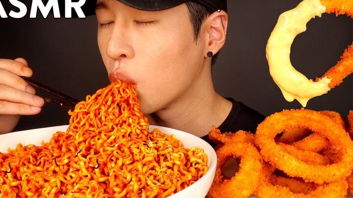 ASMR NUCLEAR FIRE NOODLES & CHEESY ONION RINGS MUKBANG (No Talking) EATING