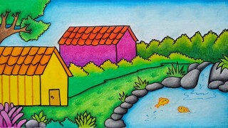 Menggambar pemandangan alam pedesaan || Belajar menggambar dan mewarnai untuk pemula