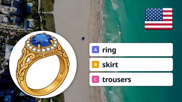 English Vocabulary Quiz: Sock, Skirt, Ring, Trousers (A/B/C Test)