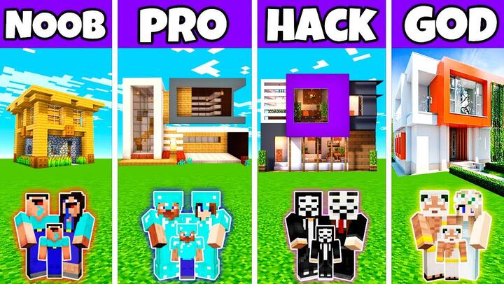 Minecraft Battle: EXCELLENT MODERN HOUSE BUILD CHALLENGE - NOOB vs PRO vs HACKER vs GOD / Animation