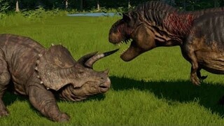 Jurassic World Evolution - 2 Tyrannosaurus Rex vs 4 Triceratops (1080p 60FPS)