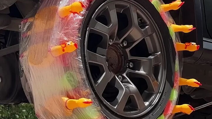 Làm lốp xe từ gà kêu réo, vừa lái xe vừa phát hiệu ứng âm thanh tự động – hài hước quá đi!