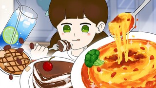 【Animasi FaFaNook】Makan nasi panggang keju dan kue di kafe/Animasi makanan ASMR