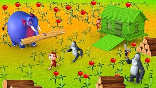 Funny Gorilla Monkey and Elephant Fruits Farming Build Bamboo House - Funny Animal Comedy Videos 3D